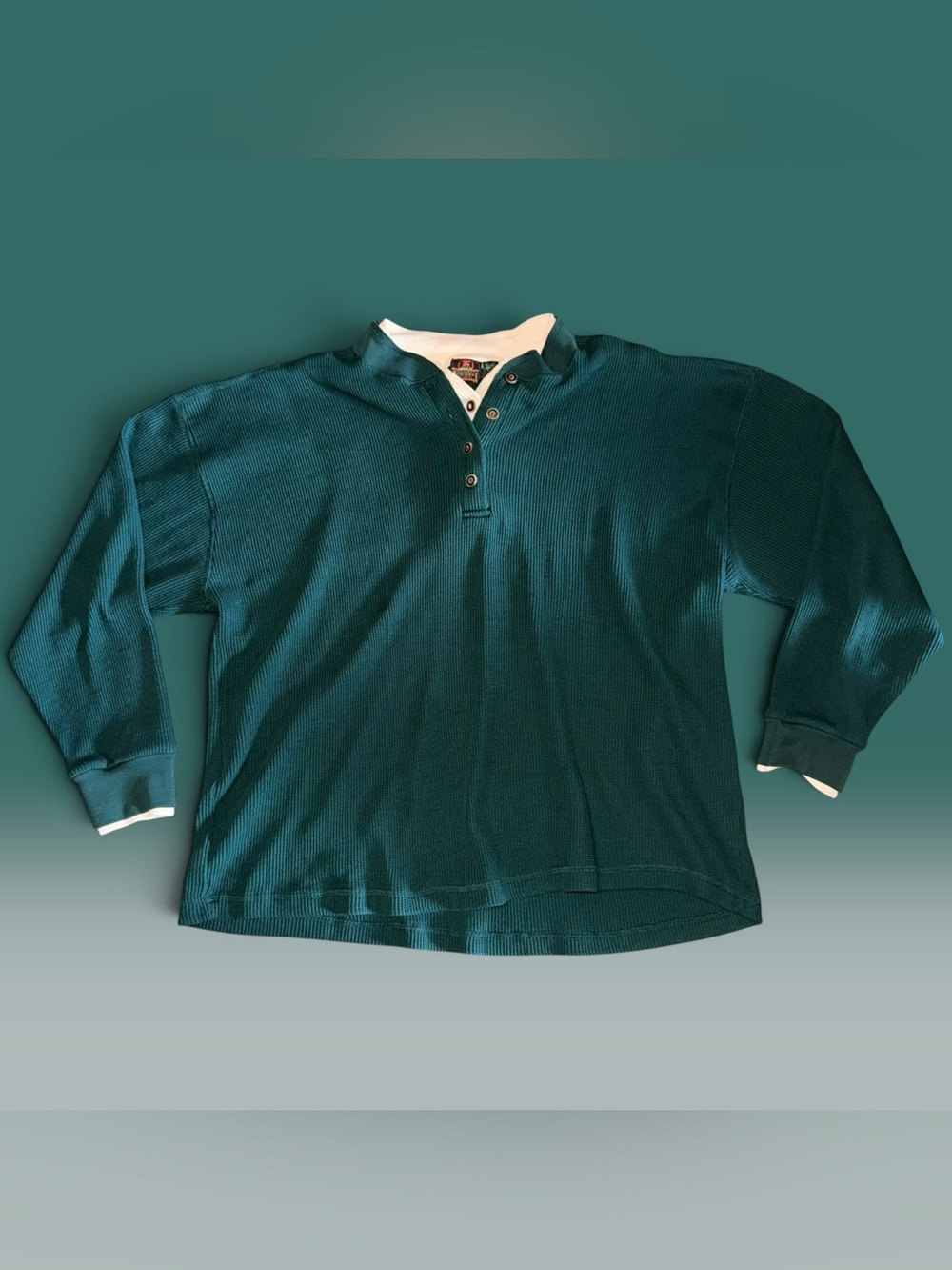 Vintage Great Land Apparel Waffle Knit Henley Double Collar Forest Green Large